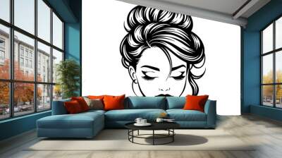 woman face with messy hair bun silhouette silhoue Wall mural