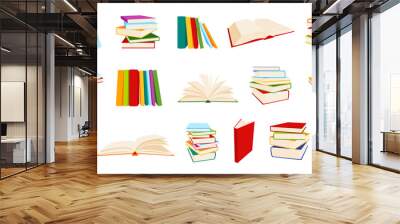 Book stack icon isometric education color flat set. Pile various magazine notebook thick encyclopedia world book day. School sticker planner diary design collage cozy tab. Concept read study isolated Wall mural