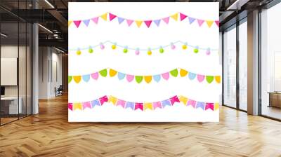 Cute carnival bunting garland with flag colorful flat set. Pink yellow green purple pennant lantern bulb birthday party celebration seamless banner fiesta border holiday header divider frame isolated Wall mural