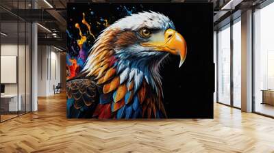 Colorful eagle head portrait with dynamic splashes of paint in a vibrant artistic style Wall mural