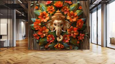 Ganesha, a Hindu mythological deity, embellished with flowers and adorned in golden decorations Wall mural