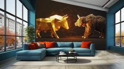 A golden geometric cow and a realistic bear face each other. which is a symbol of the market trend. In between is the glowing Bitcoin symbol. This indicates the paradox of AI digital currency. Wall mural