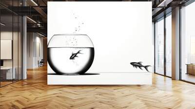 A minimalist line art drawing of a fishbowl and a single fish, capturing the essence of form and movement with simplicity and elegance Wall mural