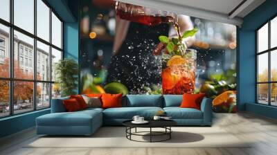 bartender expertly pouring a vibrant cocktail into a chilled glass, garnishing it with fresh herbs and citrus slices. Wall mural