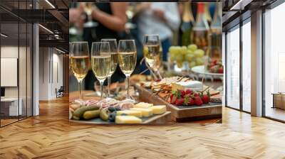 buffet at reception wine and champagne glasses various types of canapan on a wooden board catering s Wall mural