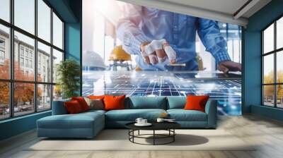 Engineer and architect analyze project under construction with new technology and innovation on digital tablet and network of construction icons on futuristic virtual interface. Wall mural