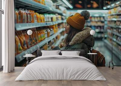 Female shopper checking food labels in the supermarket. Wall mural