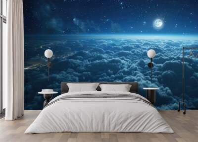 Flying above the clouds time lapse at night with moonlight The animation loops seamlessly. Fly over a view of clouds gliding above the city lights at night. Wall mural