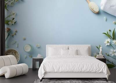 Natural cosmetics, ingredients and bathroom or spa accessories arranged on a blue banner background.. Wall mural