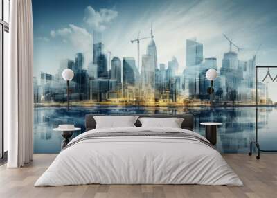 Photograph of a cityscape skyline with a double exposure of a business plan and engineering blueprints Wall mural