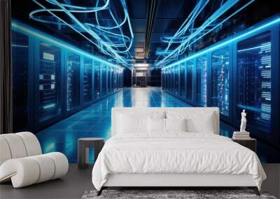 Photograph of a server room bathed in an ethereal blue light, with data cables snaking across the walls and ceiling like glowing neon serpents Wall mural