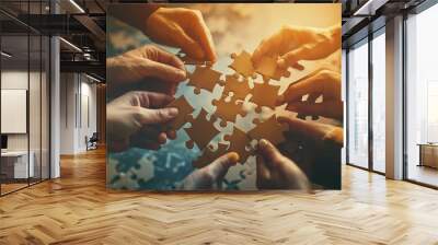 several hands clasping together in unity, forming a tight grip on a jigsaw puzzle piece, symbolizing teamwork and collaboration in solving complex challenges Wall mural