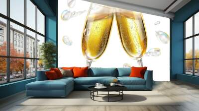 Two champagne glasses clinking together in a celebratory toast, bubbles rising from the effervescent liquid, symbolizing joy, success, and jubilation against a transparent background Wall mural