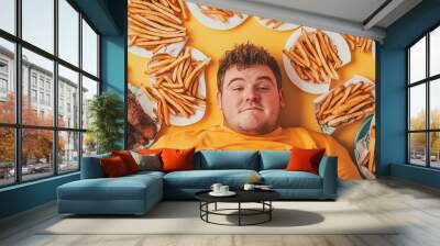 A person enjoys a feast of crispy fries surrounding them, embodying the joy of delicious comfort food. Wall mural