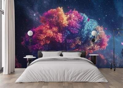 A vibrant, surreal tree with colorful leaves, set against a cosmic background filled with stars and ethereal beauty. Wall mural