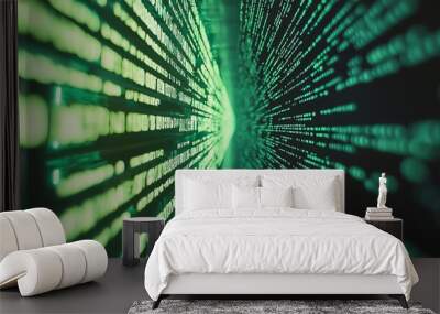 Abstract digital background featuring streaming green data, symbolizing technology, innovation, and advancement in computing. Wall mural