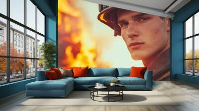 Brave firefighter faces the flames with determination, showcasing courage and dedication in the line of duty. Wall mural