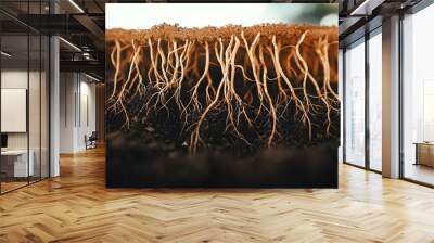 Detailed view of intricate roots in soil, showcasing their structure and texture, essential for plant growth and nourishment. Wall mural