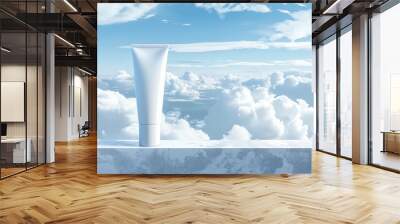 Minimalist white cosmetic tube against a dreamy, cloudy sky background, ideal for skincare marketing and product presentations. Wall mural