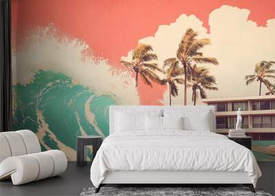 Vibrant ocean wave crashing against a modern coastal house with palm trees under a colorful sky. Perfect for summer themes. Wall mural