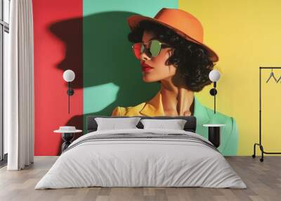 Vibrant portrait of a stylish woman in a colorful environment, showcasing modern fashion with bold colors and playful accessories. Wall mural