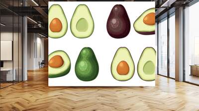 Set of fresh whole and half, green and red avocado isolated on white background. Summer fruits for healthy lifestyle. Healthy nutrition, organic food, vegetarian product. Cartoon style Wall mural