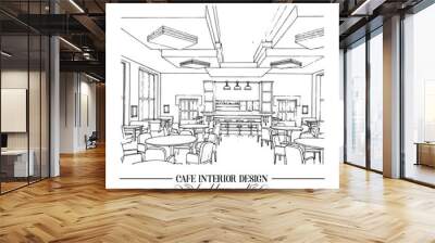 Hand drawn illustration of restaurant interior design made in line style. Cafe interior in realistic style. Template for business card poster and banner. Wall mural