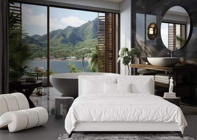 Bathtub on wooden floor terrace in modern room of luxury house with sea view. Interior design , generative ai Wall mural