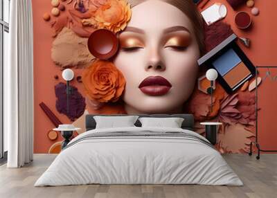 Cosmetic still life composition , beauty face of model with beauty make up in nude brown tone and different cosmetic accessories brushes, powder ,fundation, lipstick , eyeshadow.Ai generative Wall mural