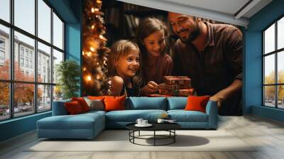 Father with kids opening gifts for Christmas in living room.generative ai Wall mural