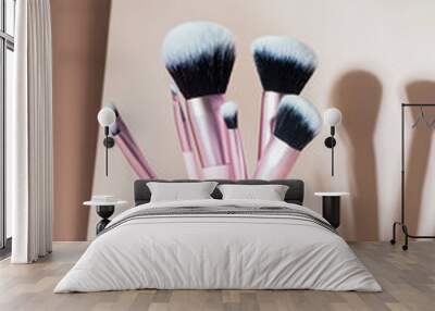 Full make up set of cosmetic brushes at beige background with shadow Wall mural