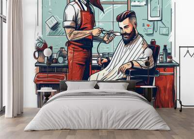 Hairdresser cutting hair of male client. Hairstylist working at barber shop. retro style, generative ai Wall mural