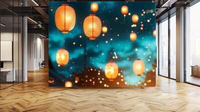 Japanese shining paper lantern on blue sky at the festival night. Abstract festive banner for Obon Festival in Japan Wall mural