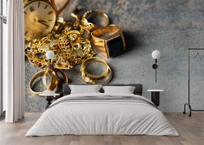 Old and broken jewelry, vintage watches on dark background. Sell  gold  for cash concept. Wall mural