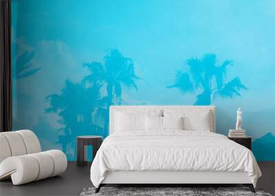 Palm trees reflection in blue water of swimming pool. Tropical vacation background. Holiday concept. Wall mural