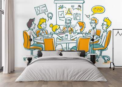 People talking and thinking together in meeting table in the office . Including doodle elements. Wall mural