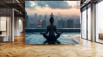 Woman sitiing in the lotus pose and meditating on the roof agaist the of city buildings. Healthy urban lifestyle Wall mural