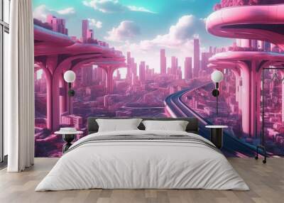 Modern flyer design with poster futuristic city pink on pink background for game design. Abstract modern digital background. Generative Ai Wall mural