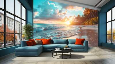 The sun dips below the horizon, casting a warm glow on the sandy tropical beach Wall mural