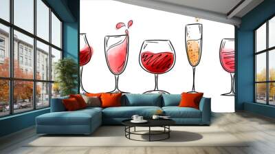 A set of vector illustrations with glasses of red and white wine, watercolor splashes of wine. Isolated elements on a white background. Vector illustration Hand-draw style Wall mural