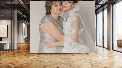 A woman in a wedding dress is hugging a woman in a silver dress. The two women are smiling and seem to be enjoying each other's company. Scene is warm and friendly Wall mural