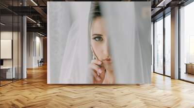 A woman with long blonde hair and blue eyes is looking at the camera through a veil. The veil is white and covers her face, creating a sense of mystery and intimacy. The woman's gaze is focused Wall mural