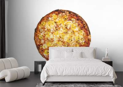 Delicious three cheese pizza with olives and yellow pepper isolated Wall mural