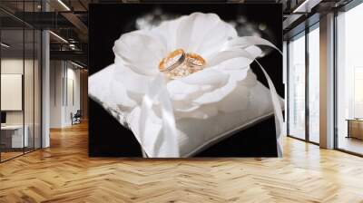 Wedding rings Background. gold wedding rings on the pincushion. the bride's wedding ring on a wedding white pillow Wall mural