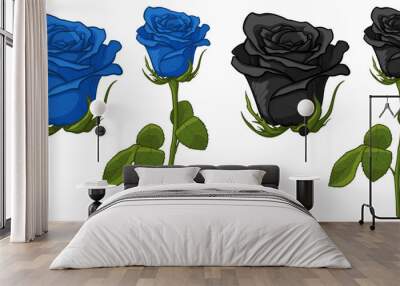 Black and blue roses isolated on white background. Vector illustration of flowers. Wall mural