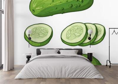 Cucumber and slices isolated on a white background. Vector illustration of vegetables in cartoon style.  Wall mural