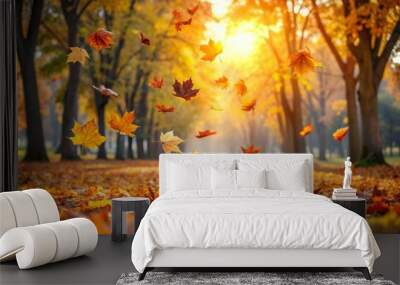 Falling autumn leaves in the forest Wall mural