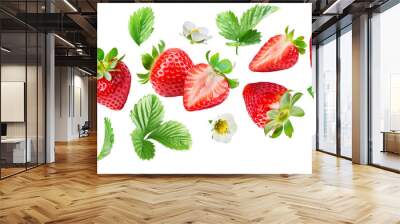 Flying juicy ripe strawberries with leaves and flowers isolated on a white background. Wall mural