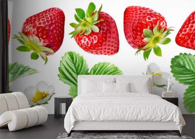 Set of ripe juicy strawberries, one of the berries is cut, there are strawberry leaves and flowers, isolated on a transparent background. Wall mural