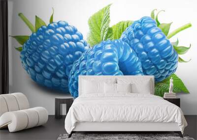 Three juicy cool blue raspberries with leaf isolated on a transparent background. Wall mural